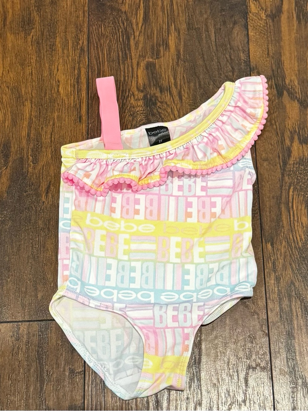 bebe Pastel Pink, Yellow & Blue One-Shoulder Ruffle Kids Swimsuit
